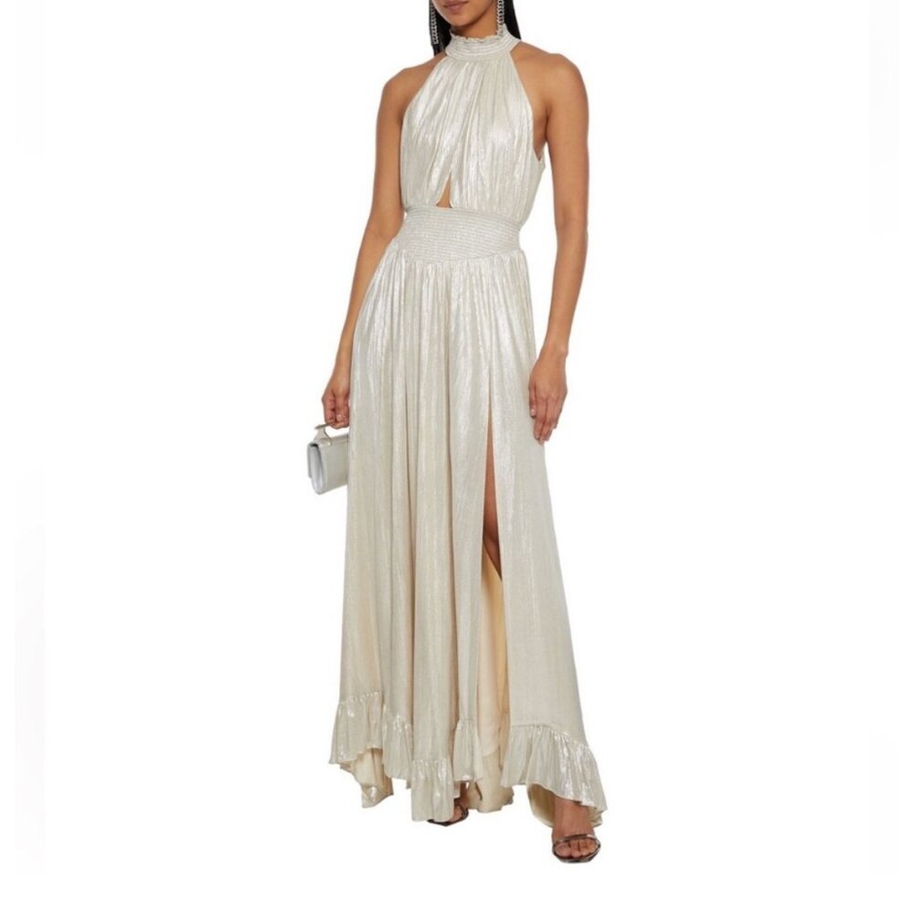 NWT Retrofete Carly Metallic High Neck Ruffle Maxi Gown in Champagne